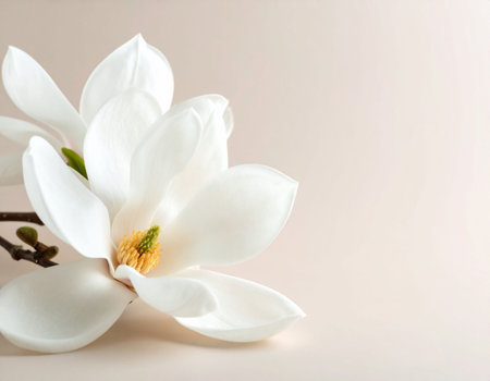 Beautiful white magnolia flower on light background. Space for textの素材