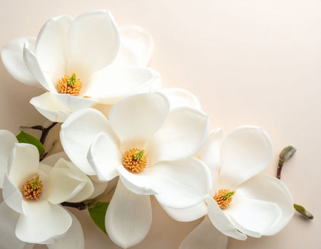 Beautiful magnolia flowers on light background, top view. Space for textの素材