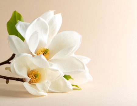 Beautiful magnolia flowers on light background, closeup. Space for textの素材