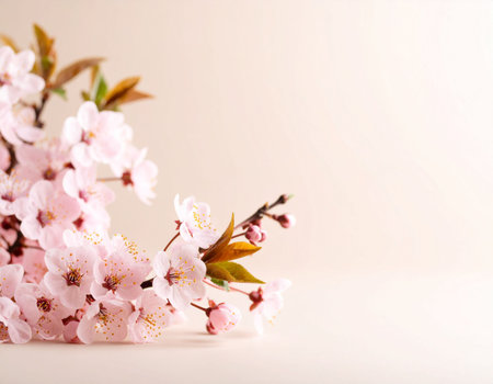 Beautiful cherry blossom on light background, closeup. Space for textの素材