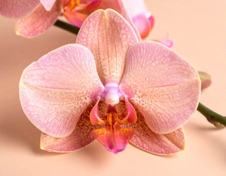 Beautiful pink orchid on a beige background close-upの素材