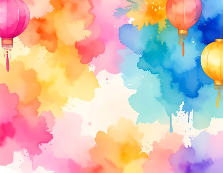 Watercolor background with chinese lanterns and clouds. Vector illustration.の素材