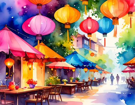 Street cafe with lanterns and umbrellas. Watercolor illustrationの素材