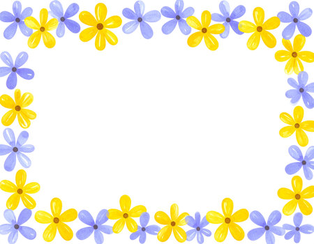 Frame of watercolor blue and yellow flowers on a white background.の素材