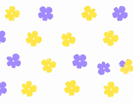 Seamless pattern with yellow and purple flowers on a white backgroundの素材