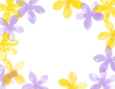 Watercolor floral frame with yellow and purple flowers on white background.の素材