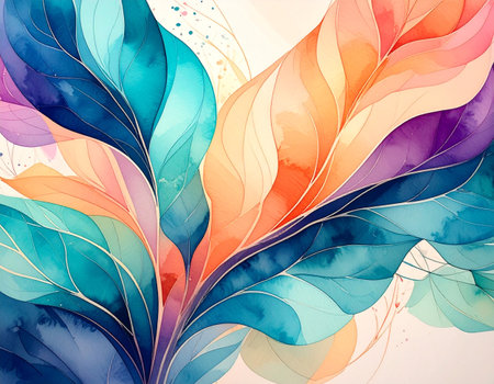 Abstract watercolor background with blue and orange leaves. Vector illustration.の素材
