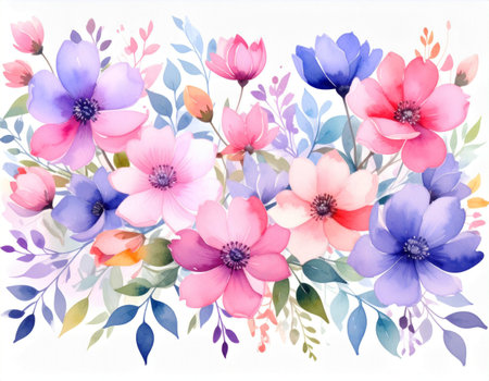Beautiful watercolor illustration of anemone flowers, hand drawn on a white backgroundの素材