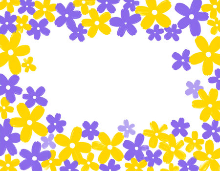 Frame with yellow and purple flowers on white background. Vector illustration.の素材