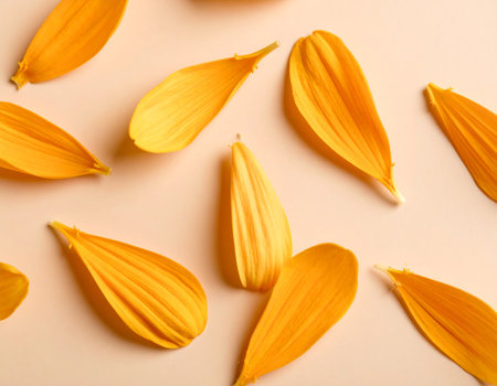 Beautiful yellow petals of sunflower on color background, top viewの素材
