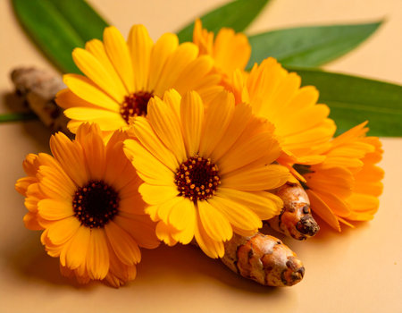 Calendula flowers and turmeric root on a yellow background.の素材
