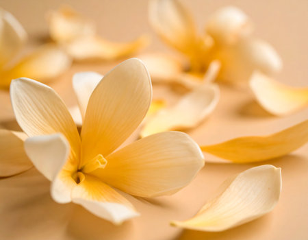 frangipani flower petals on beige background close upの素材