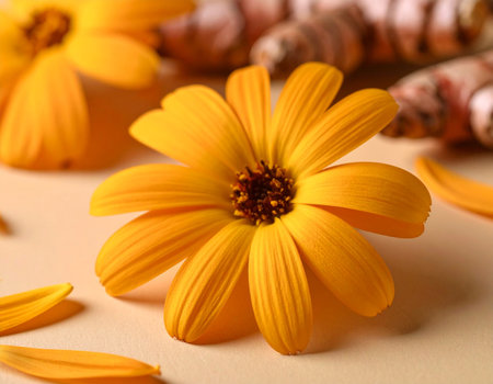 Beautiful marigold flowers on color background, closeup. Space for textの素材
