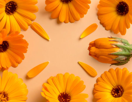 Calendula flowers on orange background. Flat lay, top view.の素材