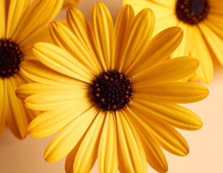 Beautiful yellow daisies on color background, close-upの素材