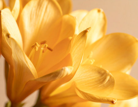 Yellow crocus flowers close up. Natural floral background. Soft focus.の素材