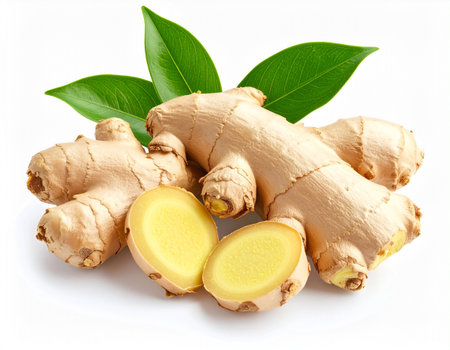 Ginger root with leaves isolated on white background, clipping path includedの素材