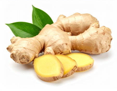 Fresh ginger root with leaves isolated on white background. Healthy food.の素材