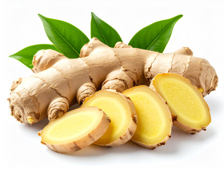 Ginger root with slices and leaves isolated on a white background.の素材