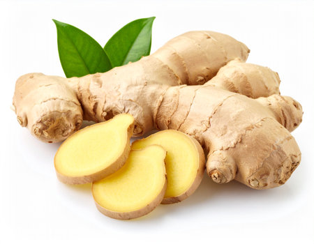 Ginger root and slices isolated on white background with clipping path.の素材