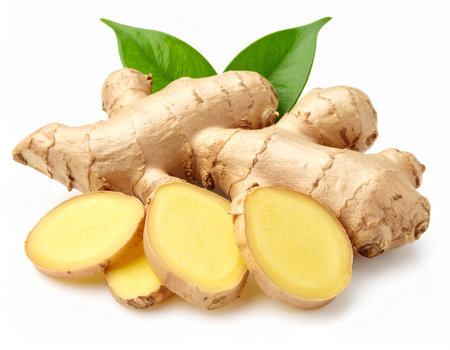 Ginger root with green leaves isolated on a white background cutoutの素材