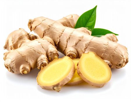 Ginger root with slices and leaves isolated on a white background.の素材