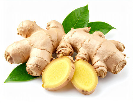 Ginger root with leaves isolated on white background. Healthy food.の素材