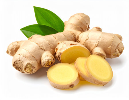 Ginger root and slices isolated on white background with clipping path.の素材