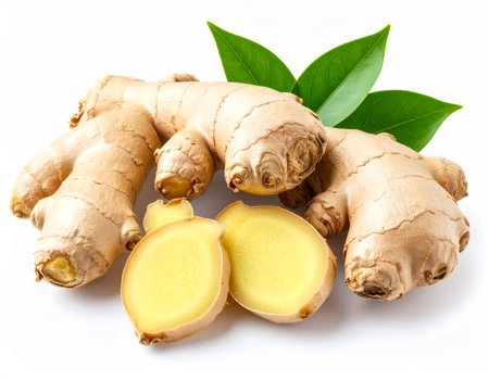 Ginger root with green leaves isolated on white background, top viewの素材