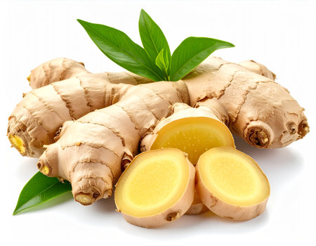 Ginger root with slices and leaves isolated on a white background.の素材