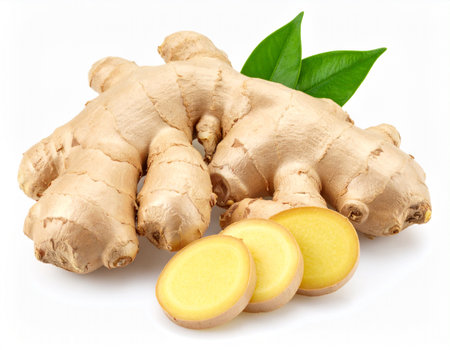 Ginger root and slices isolated on white background with clipping path.の素材