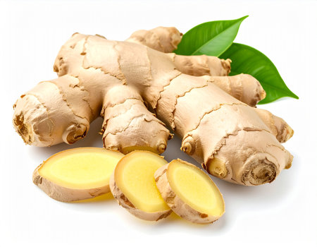 Ginger root with slices and leaves isolated on a white background.の素材