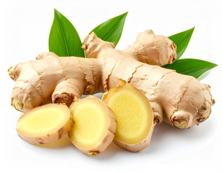 Ginger root with leaves isolated on white background. Clipping pathの素材