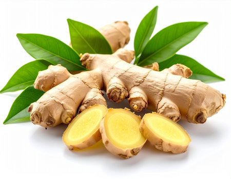 Ginger root with leaves isolated on white background. Clipping pathの素材