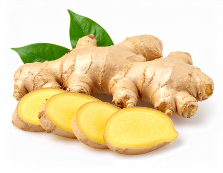 Fresh ginger root with slices and leaves isolated on a white background.の素材