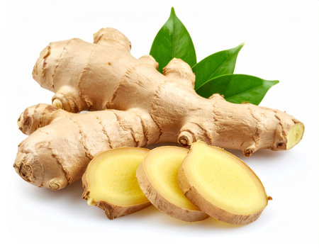 Fresh ginger root with slices and leaves isolated on a white background.の素材