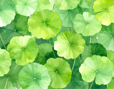 Watercolor green lotus leaves seamless pattern on a white background.の素材