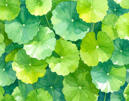 Watercolor green lotus leaves seamless pattern. Hand drawn vector illustration.の素材