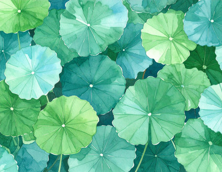 Watercolor lotus leaves seamless pattern. Green lotus background.の素材