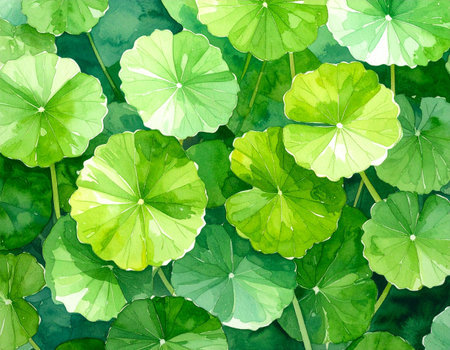 Watercolor green lotus leaves seamless pattern on watercolor background.の素材