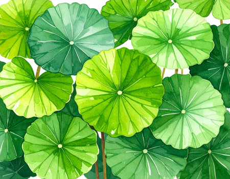 Watercolor green lotus leaves seamless pattern. Hand painted watercolor illustration.の素材