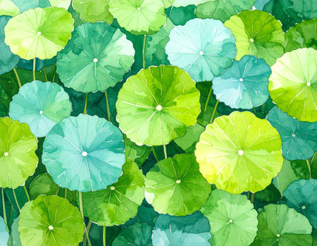 Watercolor green lotus leaves seamless pattern. Hand drawn illustration.の素材