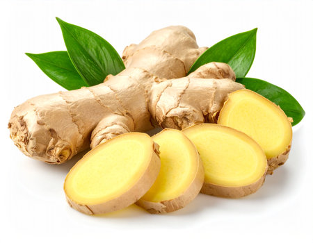 Ginger root with leaves isolated on white background. Clipping pathの素材