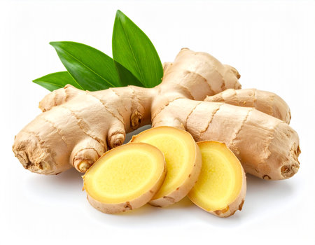 Fresh ginger root and slices isolated on white background with clipping path.の素材