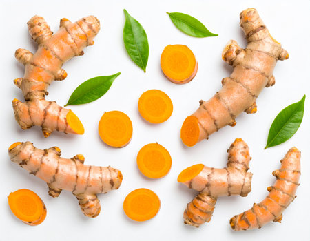 Fresh turmeric with leaves isolated on white background. Top view.の素材