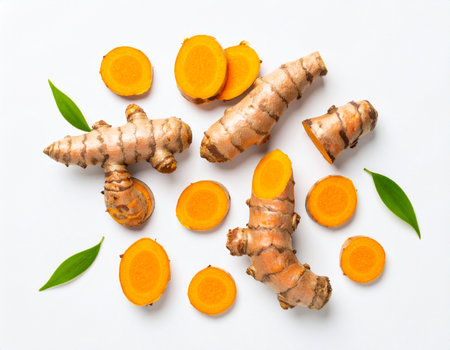Fresh turmeric root and slices on white background. Top view.の素材