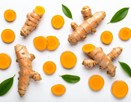 Fresh turmeric on white background. Top view. Flat lay.の素材
