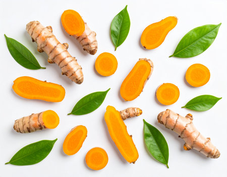 Fresh turmeric with green leaves isolated on white background. Top viewの素材
