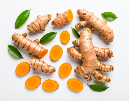 Fresh turmeric with slices and leaves on white background, top viewの素材