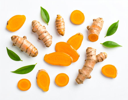Fresh turmeric with slices and leaves on white background, top viewの素材